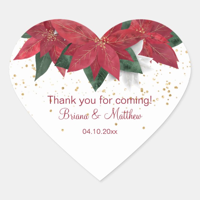 Elegant Poinsettia Red Christmas Wedding Favors Heart Sticker (Front)