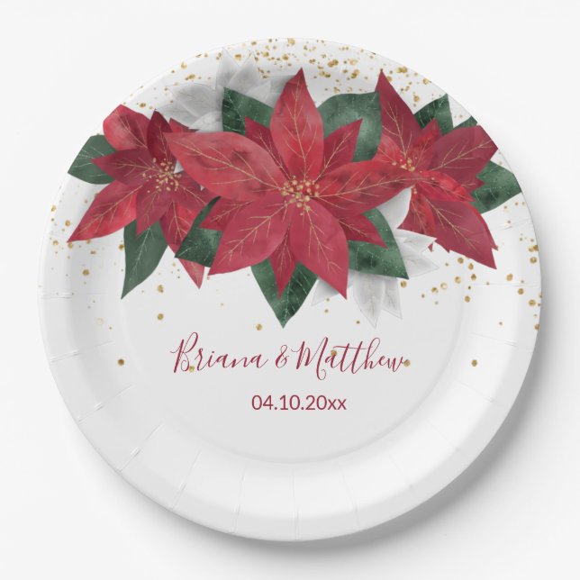 Elegant Poinsettia Red Christmas Wedding Paper Plates (Front)