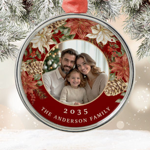 Elegant Poinsettia Rich Red Family Photo Metal Ornament