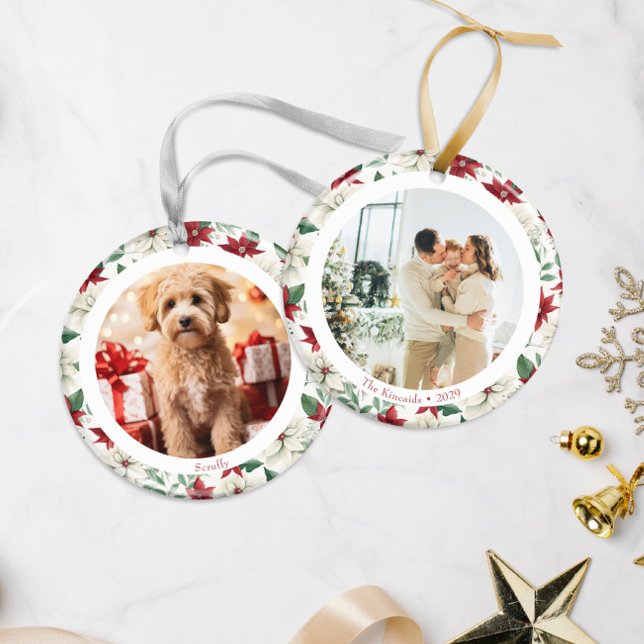 Elegant Poinsettia Two Photo Holiday Ornament (Creator Uploaded)