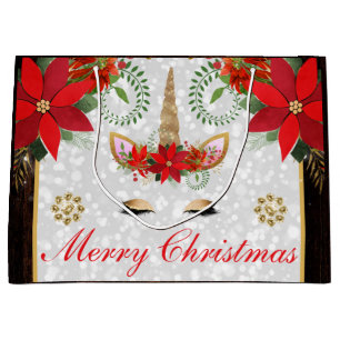 Elegant Poinsettia Unicorn Christmas Large Gift Bag