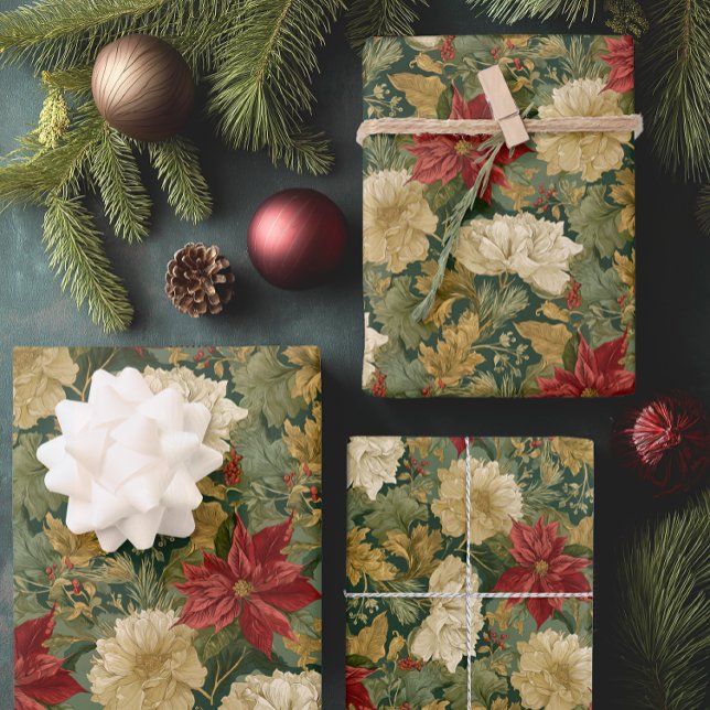 Elegant Poinsettia Vintage Christmas Wrapping Paper Sheets (Elegant Floral Christmas Gift Wrap)
