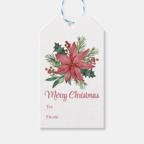 Elegant Poinsettia Watercolor Red Floral Christmas Gift Tags
