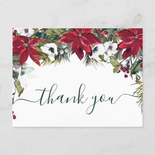 Elegant Poinsettia Wedding Watercolor Thank You Postcard