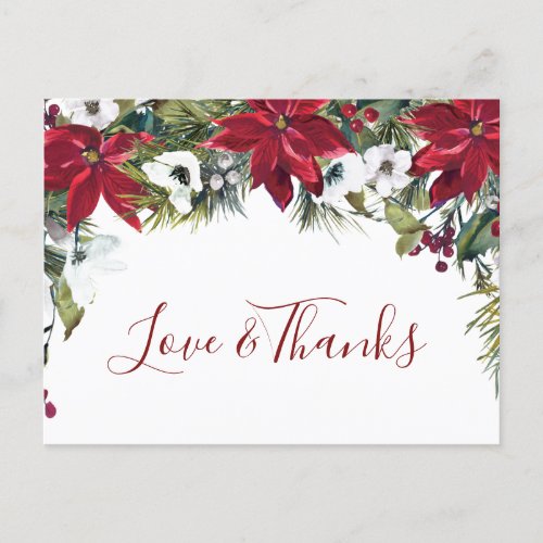 Elegant Poinsettia Wedding Watercolor Thank You Postcard