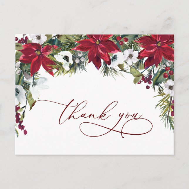 Elegant Poinsettia Wedding Watercolor Thank You Postcard (Front)