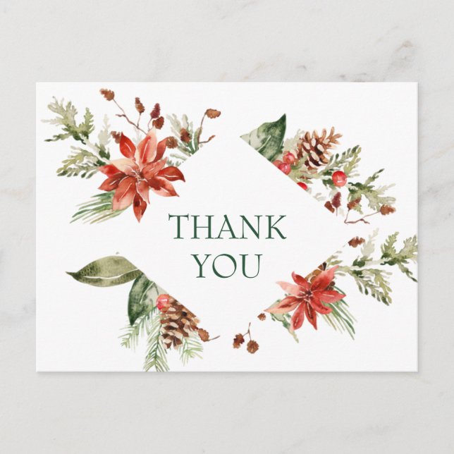 Elegant Poinsettia Wedding Watercolor Thank You Postcard (Front)