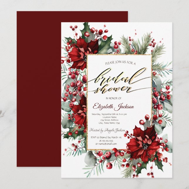 Elegant Poinsettia Winter Bridal Shower  Invitation (Front/Back)