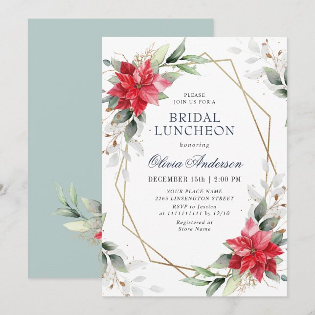 Elegant Poinsettia Winter Greenery BRIDAL LUNCHEON Invitation (Front/Back)
