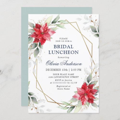 Elegant Poinsettia Winter Greenery BRIDAL LUNCHEON Invitation