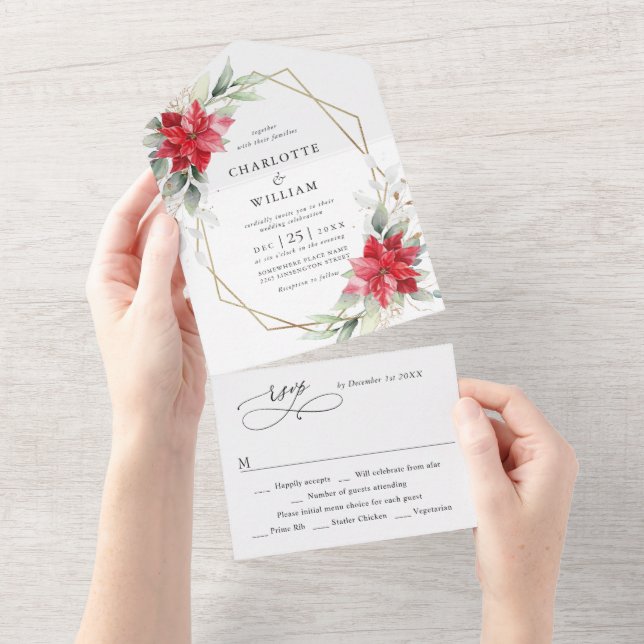 Elegant Poinsettia Winter Greenery Wedding All In One Invitation (Tearaway)