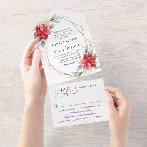 Elegant Poinsettia Winter Greenery Wedding All In One Invitation