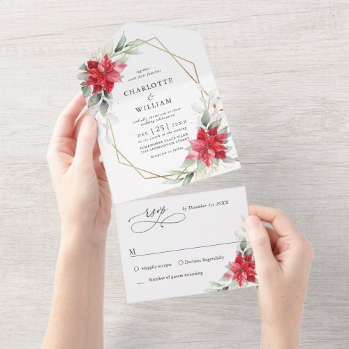 Elegant Poinsettia Winter Greenery Wedding All In One Invitation