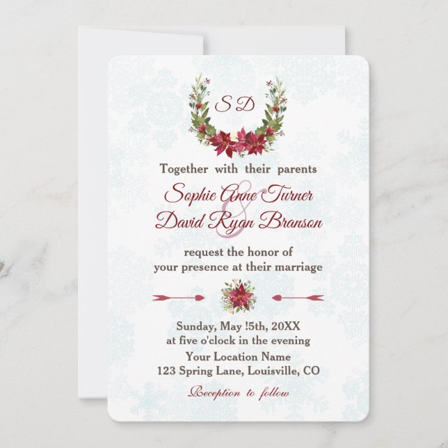 Elegant Poinsettia Winter Wreath Wedding Invitation (Front)