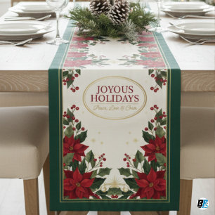 Elegant Poinsettia Wreath Christmas Dinner Short Table Runner