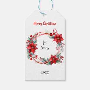Elegant Poinsettia Wreath Personalized Gift Tags