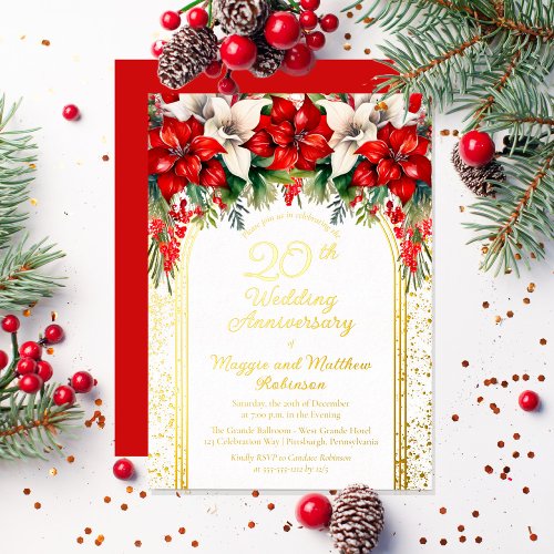 Elegant Poinsettias 20th Wedding Anniversary Foil Invitation