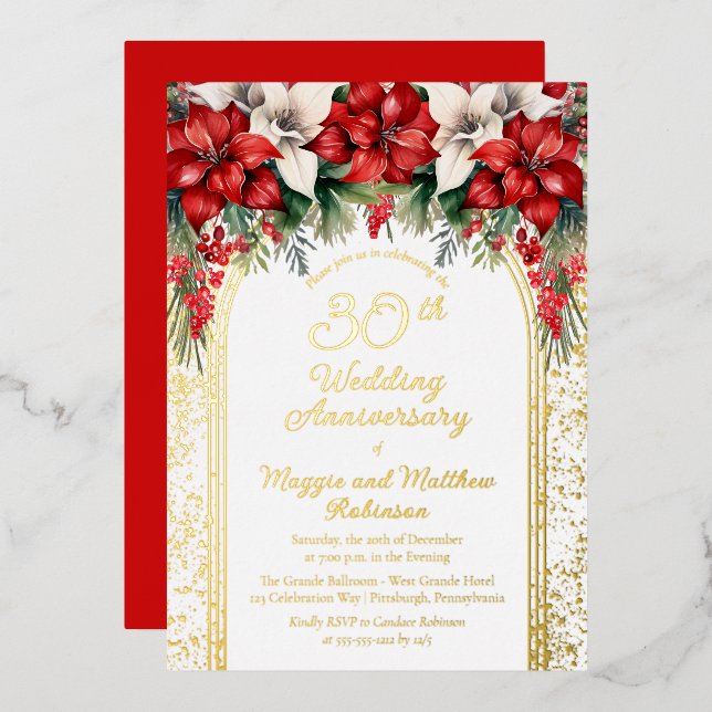 Elegant Poinsettias 30th Wedding Anniversary Foil Invitation (Front/Back)
