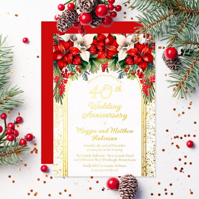 Elegant Poinsettias 40th Wedding Anniversary Foil Invitation (Elegant Red and White Poinsettias Holiday "40th Wedding Anniversary" Party Gold Foil Invitation)