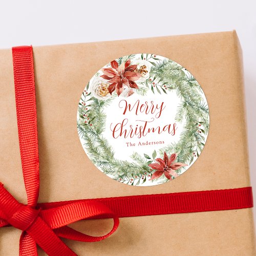 Elegant Poinsettias and Greenery Classic Round Sticker