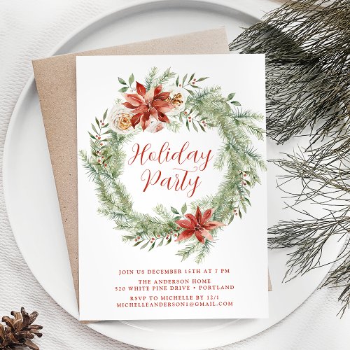 Elegant Poinsettias and Greenery Holiday Party Invitation