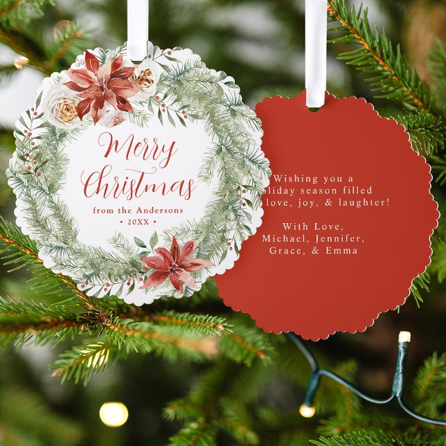 Elegant Poinsettias and Greenery Non-Photo Holiday Ornament Card (Creator Uploaded)