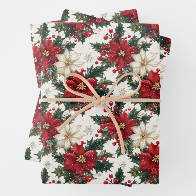 Elegant Poinsettias and Greenery Wrapping Paper Sheets (In situ)