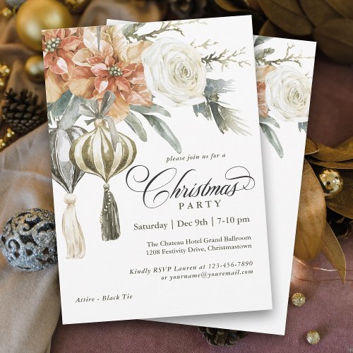 Elegant Poinsettias and Ornaments Christmas Party Invitation