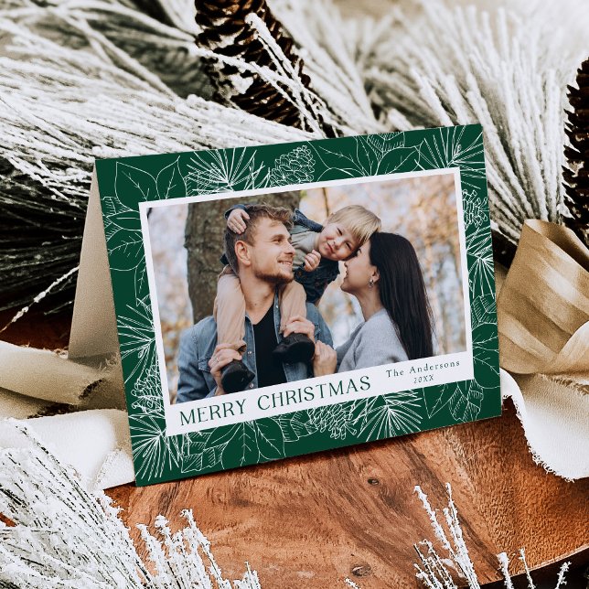 Elegant Poinsettias and Pine Cones Green 2 Photo Holiday Card (Creator Uploaded)