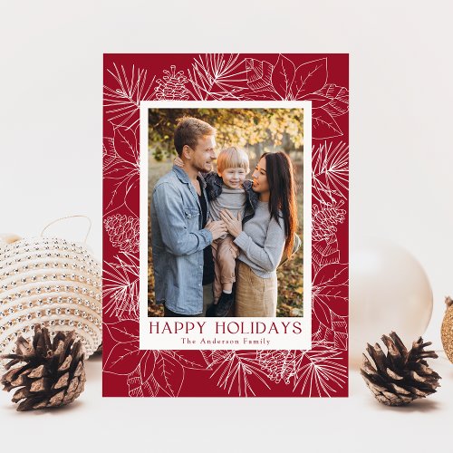 Elegant Poinsettias and Pine Cones Photo Holiday Card