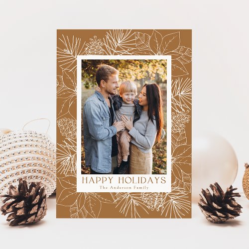 Elegant Poinsettias and Pine Cones Photo Holiday Card