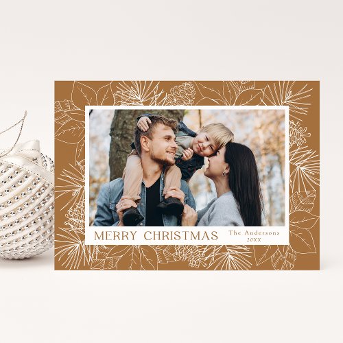 Elegant Poinsettias and Pine Cones Photo Holiday Card