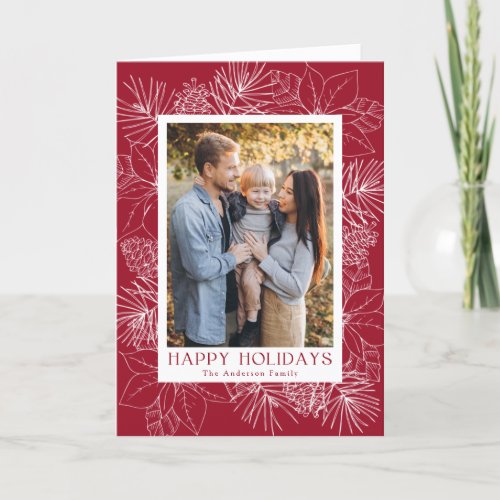 Elegant Poinsettias and Pinecones 2 Photo Holiday Card