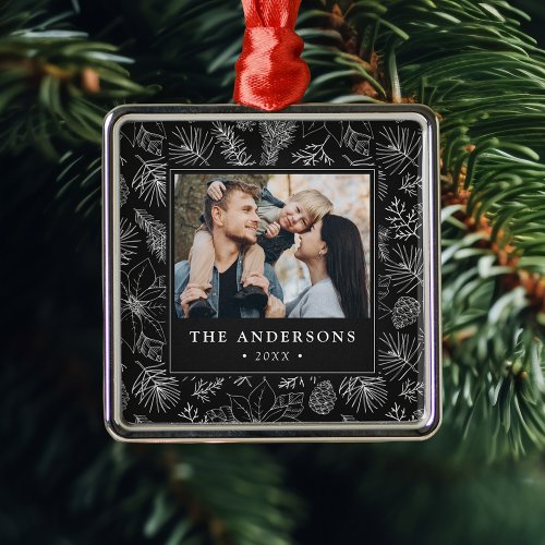 Elegant Poinsettias and Pinecones Black Photo Metal Ornament