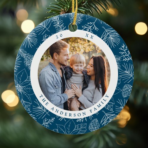 Elegant Poinsettias and Pinecones Blue Photo Ceramic Ornament