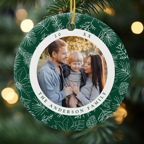 Elegant Poinsettias and Pinecones Green Photo Ceramic Ornament