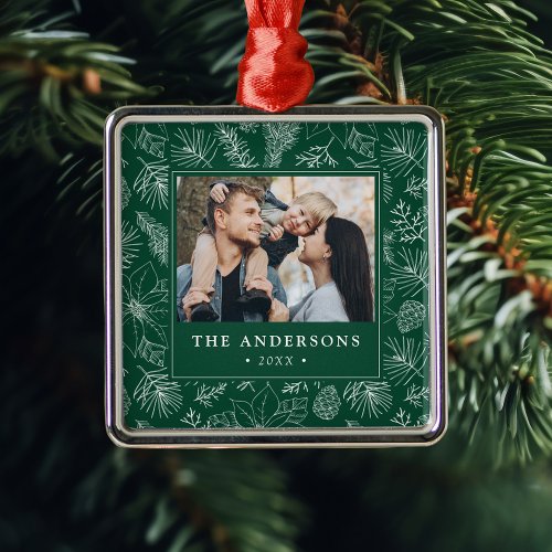 Elegant Poinsettias and Pinecones Green Photo Metal Ornament