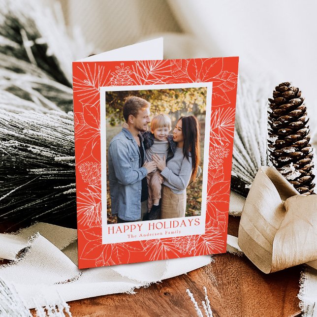 Elegant Poinsettias and Pinecones Orange 2 Photo Holiday Card (Creator Uploaded)