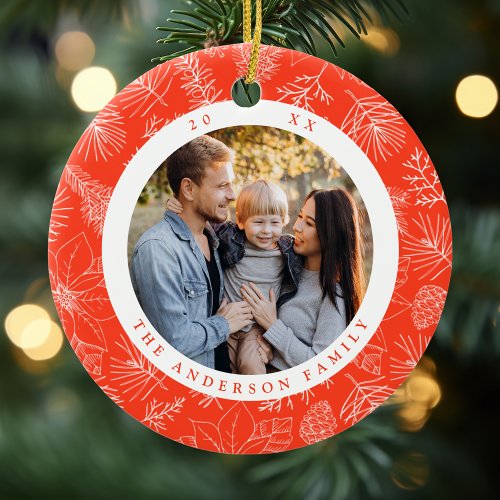 Elegant Poinsettias and Pinecones Orange Photo Ceramic Ornament