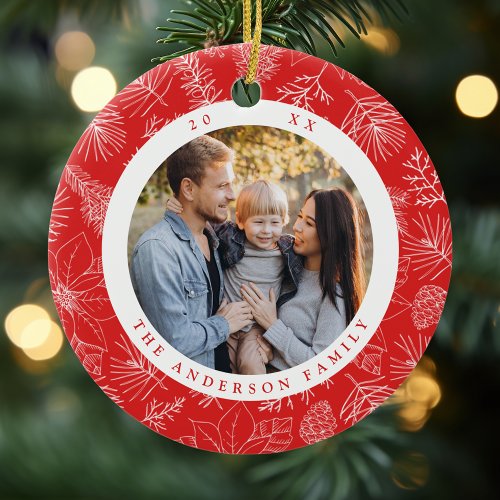 Elegant Poinsettias and Pinecones Red Photo Ceramic Ornament