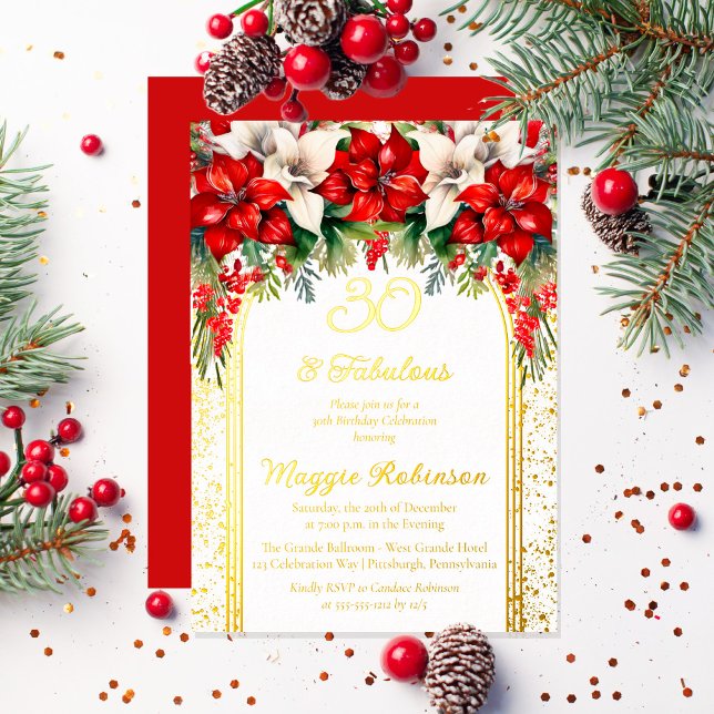 Elegant Poinsettias Floral 30th Birthday Party Foil Invitation (Elegant Red and White Poinsettias Holiday "30 and Fabulous" Birthday Party Gold Foil Invitation)