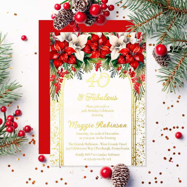 Elegant Poinsettias Floral 40th Birthday Party Foil Invitation (Elegant Red and White Poinsettias Holiday "40 and Fabulous" Birthday Party Gold Foil Invitation)