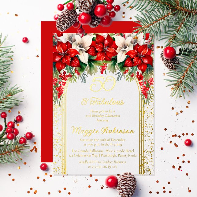 Elegant Poinsettias Floral 50th Birthday Party Foil Invitation (Elegant Red and White Poinsettias Holiday "50 and Fabulous" Birthday Party Gold Foil Invitation)