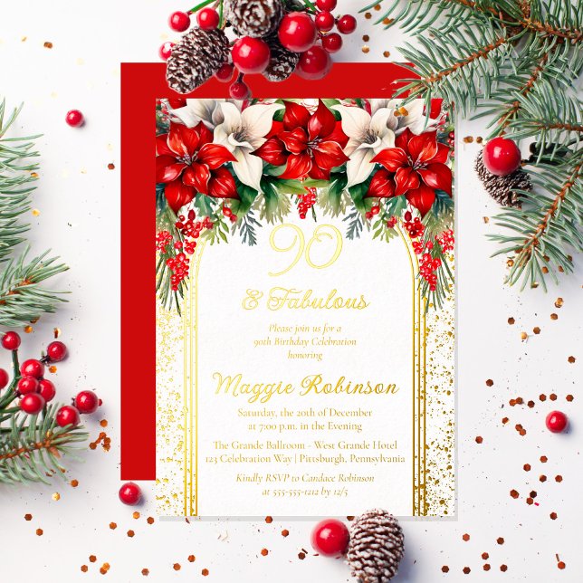 Elegant Poinsettias Floral 90th Birthday Party Foil Invitation (Elegant Red and White Poinsettias Holiday "90 and Fabulous" Birthday Party Gold Foil Invitation)