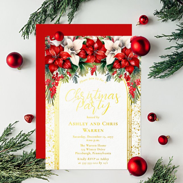 Elegant Poinsettias Floral Christmas Holiday Party Foil Invitation (Red and white poinsettias and berries bouquet, arched gold foil frame and text Christmas Party)