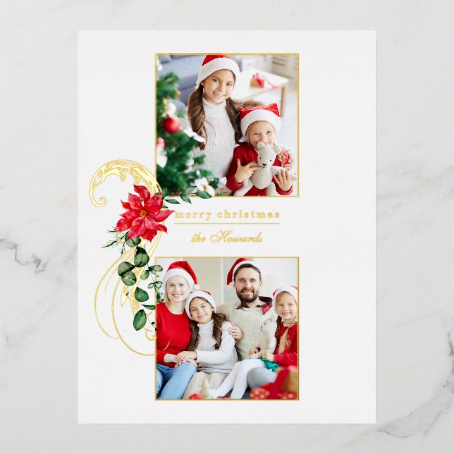 Elegant Poinsettias & Gold Scrolls 2-Photo Foil Holiday Postcard (Front)