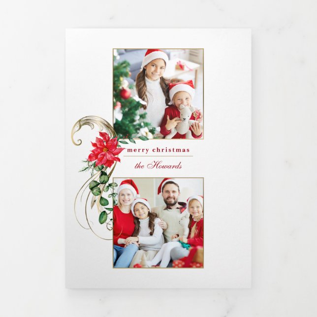 Elegant Poinsettias & Gold Scrolls 2-Photo Tri-Fold Card (Cover)