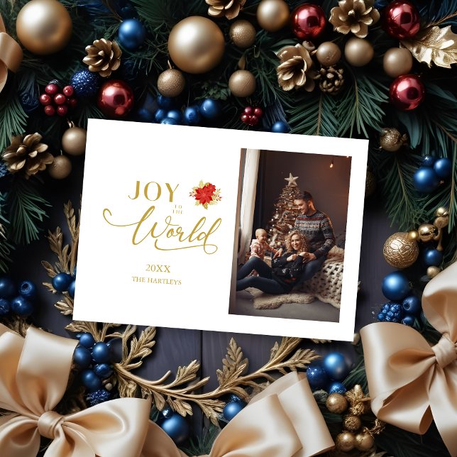 Elegant Poinsettias Joy to the World Christmas Holiday Card (Elegant Poinsettias Whimsical Joy to the World Classic Christmas Photo Holidays Cards.)