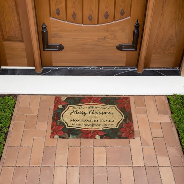 Elegant Poinsettias Pattern Merry Christmas Name Fiber Doormat (Insitu (Outdoor))