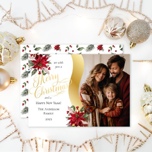 Elegant Poinsettias Photo Merry Christmas Script Holiday Card